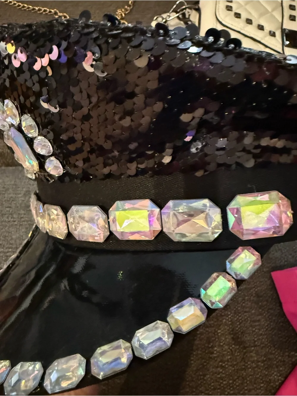 Black Sequin Embellished Women's Hat with Iridescent Gems